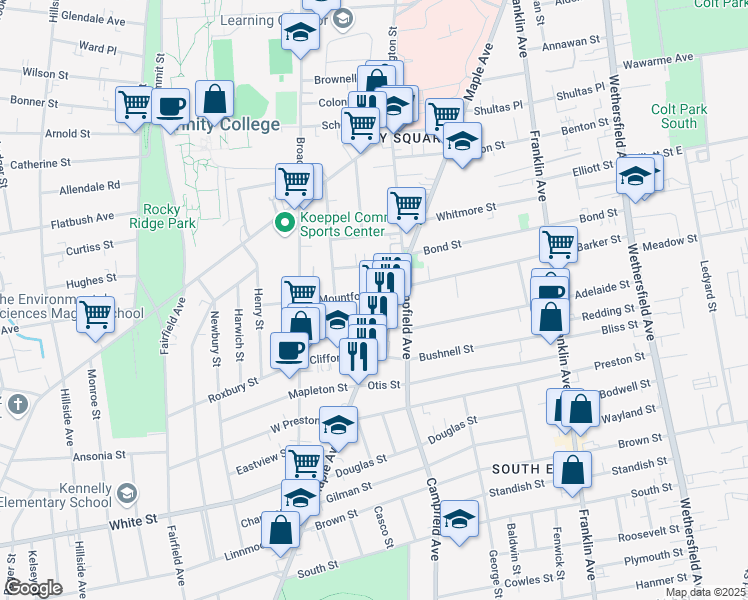 map of restaurants, bars, coffee shops, grocery stores, and more near 15 Mountford Street in Hartford