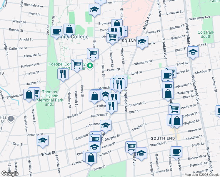 map of restaurants, bars, coffee shops, grocery stores, and more near 47 Mountford Street in Hartford