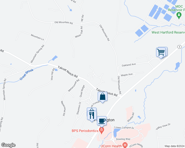 map of restaurants, bars, coffee shops, grocery stores, and more near 2 Harte Court in Farmington