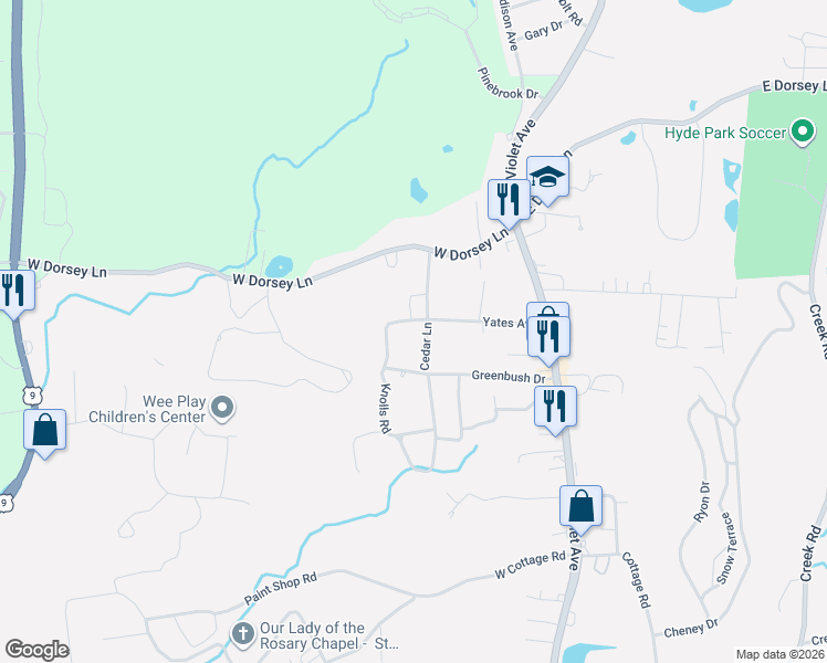 map of restaurants, bars, coffee shops, grocery stores, and more near 3 Leonard Road in Poughkeepsie