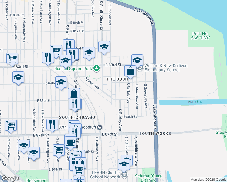 map of restaurants, bars, coffee shops, grocery stores, and more near 8427 South Brandon Avenue in Chicago