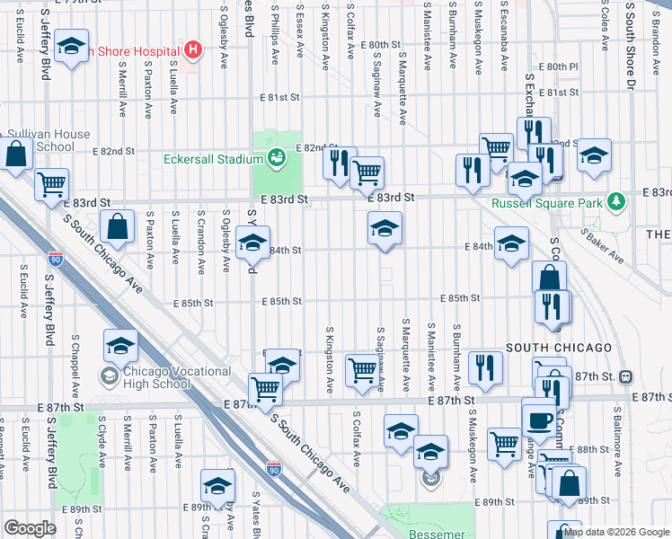 map of restaurants, bars, coffee shops, grocery stores, and more near 8420 South Kingston Avenue in Chicago