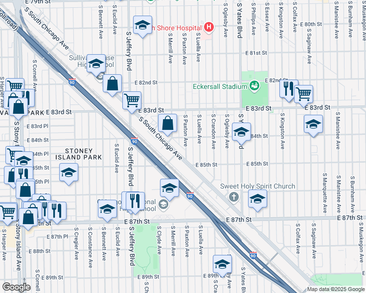map of restaurants, bars, coffee shops, grocery stores, and more near 8449 South South Chicago Avenue in Chicago