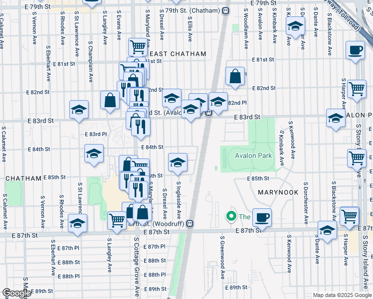 map of restaurants, bars, coffee shops, grocery stores, and more near 1005 East 84th Street in Chicago