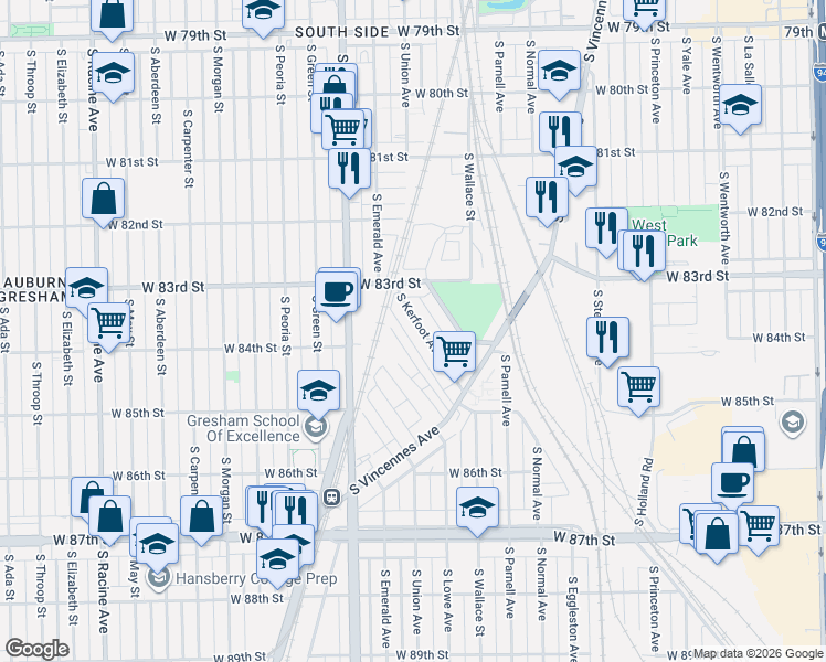 map of restaurants, bars, coffee shops, grocery stores, and more near 8363 South Lowe Avenue in Chicago