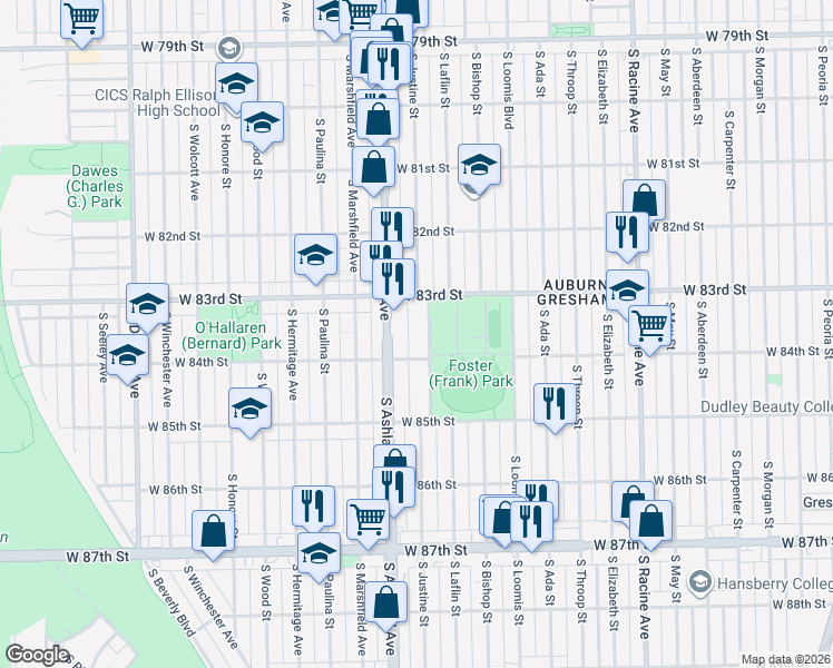 map of restaurants, bars, coffee shops, grocery stores, and more near 8334 South Justine Street in Chicago