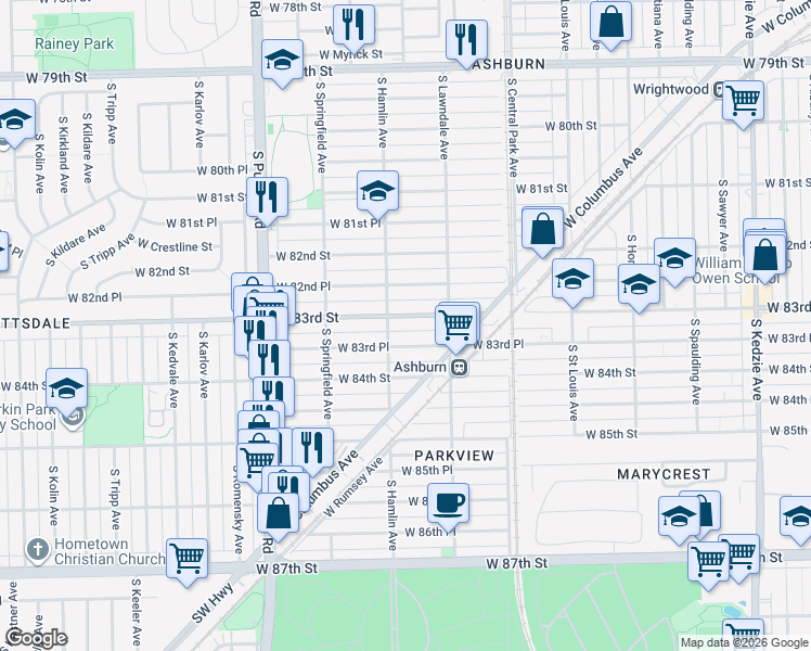 map of restaurants, bars, coffee shops, grocery stores, and more near 3727 West 83rd Street in Chicago