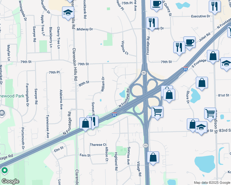 map of restaurants, bars, coffee shops, grocery stores, and more near 9S180 Lake Drive in Willowbrook