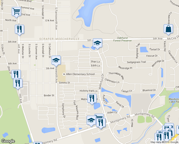 map of restaurants, bars, coffee shops, grocery stores, and more near 1752 Rebecca Lane in Aurora