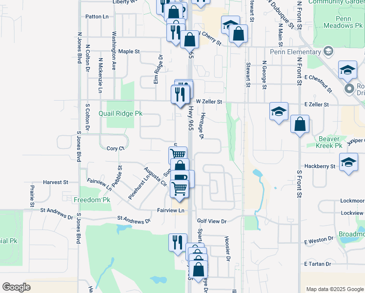 map of restaurants, bars, coffee shops, grocery stores, and more near 220 Sugar Creek Lane in North Liberty