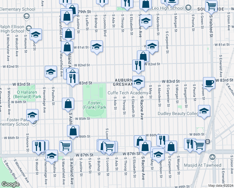 map of restaurants, bars, coffee shops, grocery stores, and more near 8339 South Ada Street in Chicago