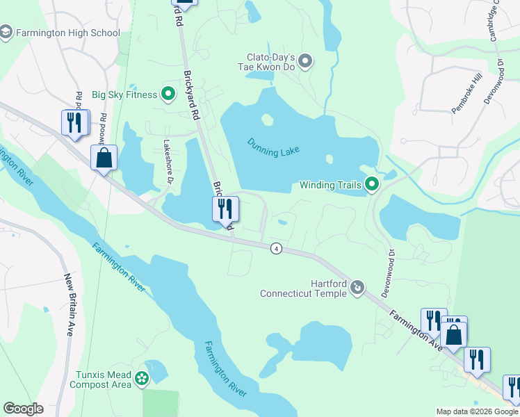 map of restaurants, bars, coffee shops, grocery stores, and more near 33 Grandview Drive in Farmington