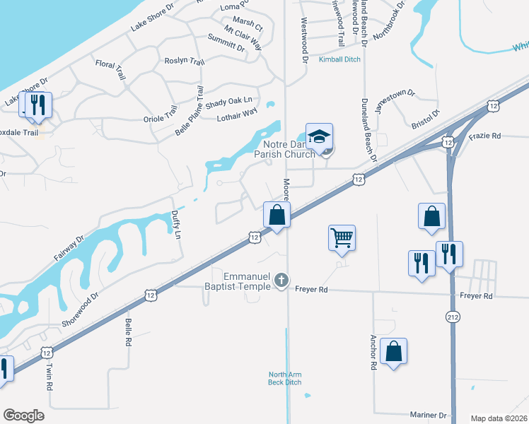 map of restaurants, bars, coffee shops, grocery stores, and more near 100-598 Birch Tree Lane in Michigan City