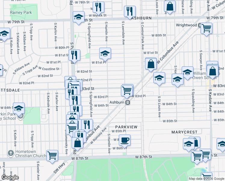 map of restaurants, bars, coffee shops, grocery stores, and more near 3727 West 83rd Street in Chicago