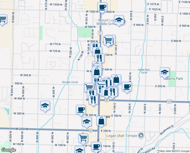 map of restaurants, bars, coffee shops, grocery stores, and more near 555 North Main Street in Logan
