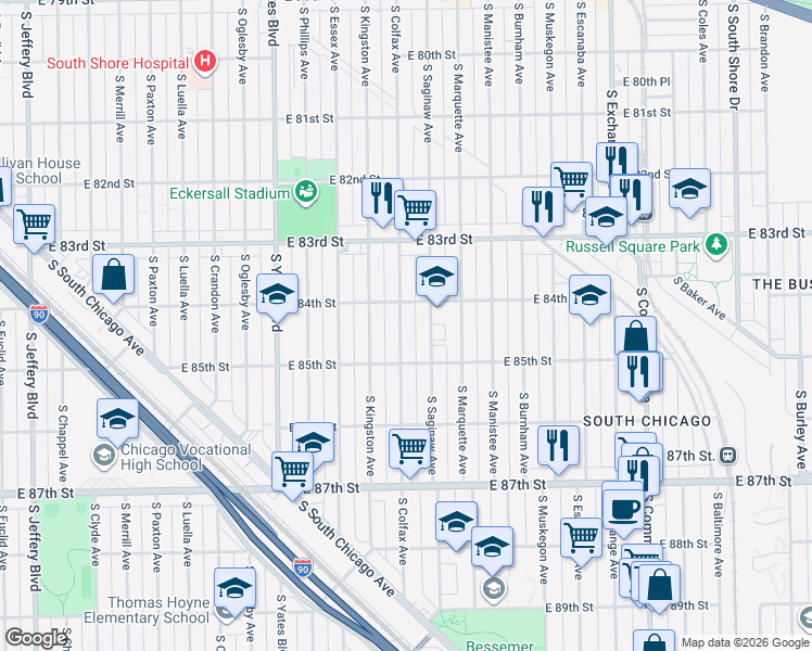 map of restaurants, bars, coffee shops, grocery stores, and more near 8423 South Colfax Avenue in Chicago
