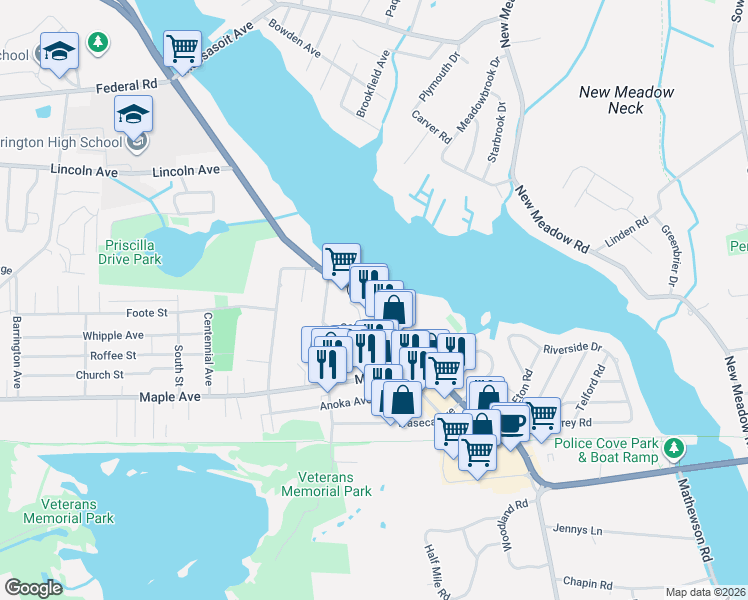 map of restaurants, bars, coffee shops, grocery stores, and more near 301 County Road in Barrington