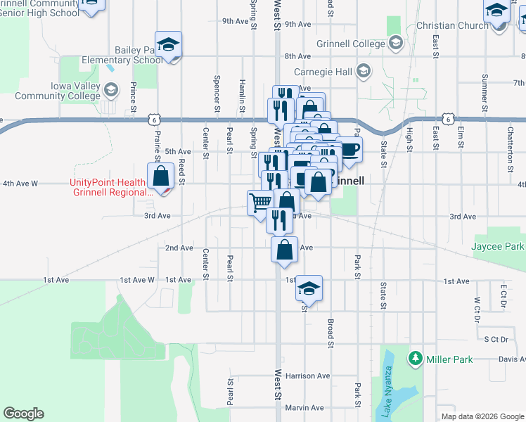 map of restaurants, bars, coffee shops, grocery stores, and more near 607 3rd Avenue in Grinnell