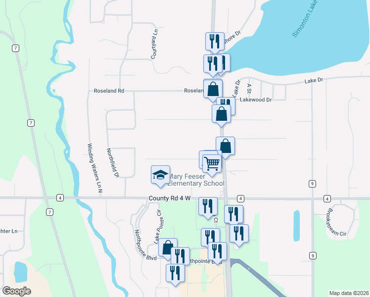 map of restaurants, bars, coffee shops, grocery stores, and more near 26557 Parkview Ave in Elkhart