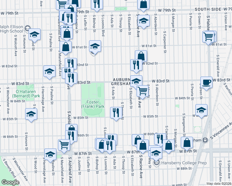 map of restaurants, bars, coffee shops, grocery stores, and more near 8339 South Ada Street in Chicago