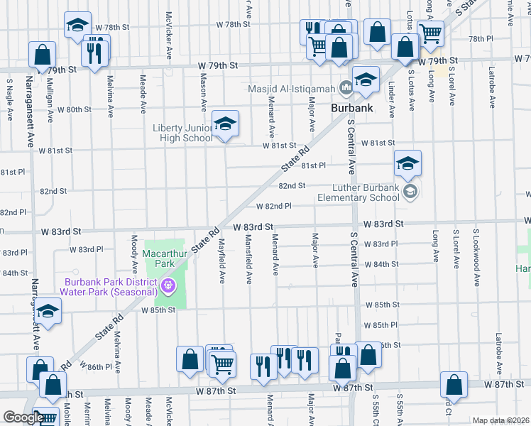 map of restaurants, bars, coffee shops, grocery stores, and more near 5811 West 82nd Place in Burbank