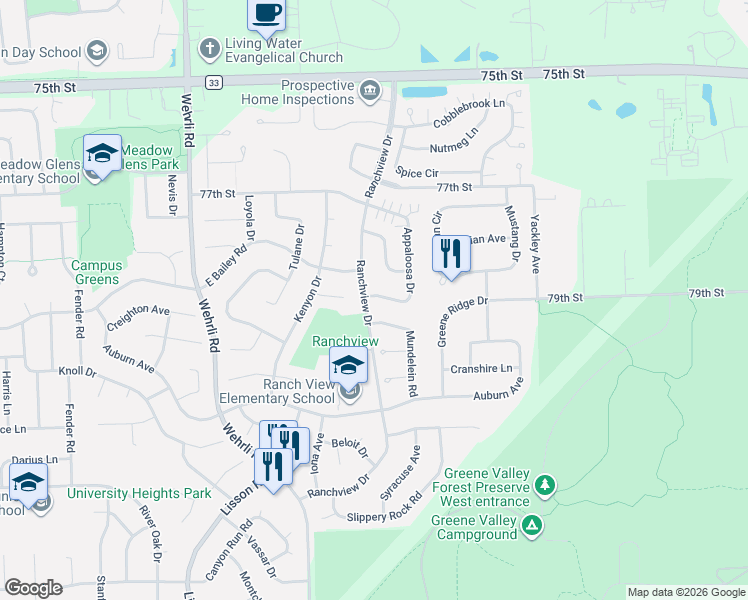 map of restaurants, bars, coffee shops, grocery stores, and more near 1939 Appaloosa Drive in Naperville