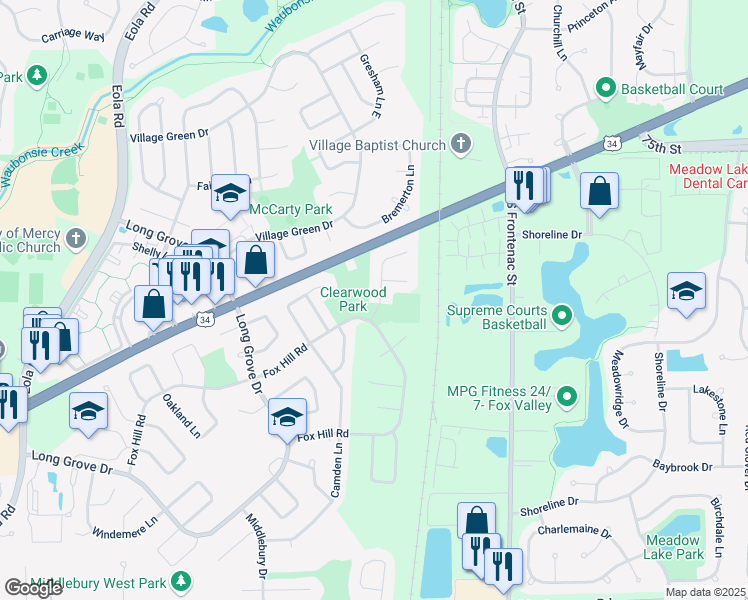 map of restaurants, bars, coffee shops, grocery stores, and more near 791 Clearwood Court in Aurora