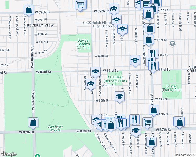map of restaurants, bars, coffee shops, grocery stores, and more near 8330 S Winchester Ave in Chicago