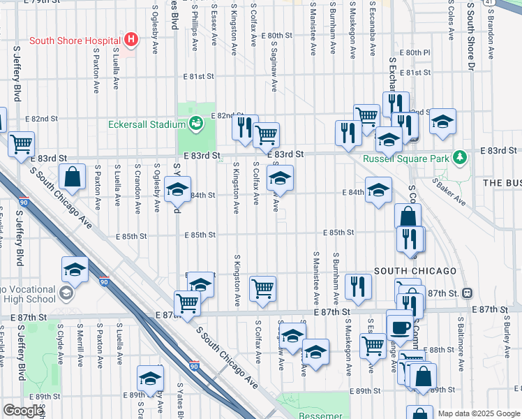 map of restaurants, bars, coffee shops, grocery stores, and more near 8423 South Colfax Avenue in Chicago