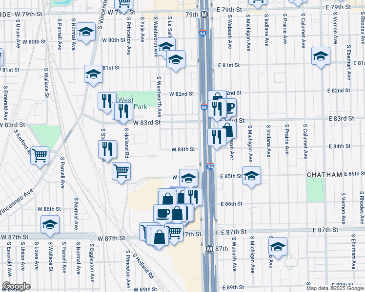 map of restaurants, bars, coffee shops, grocery stores, and more near 8354 South Perry Avenue in Chicago