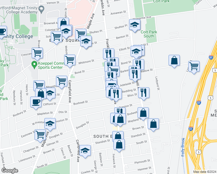 map of restaurants, bars, coffee shops, grocery stores, and more near 92 Adelaide Street in Hartford