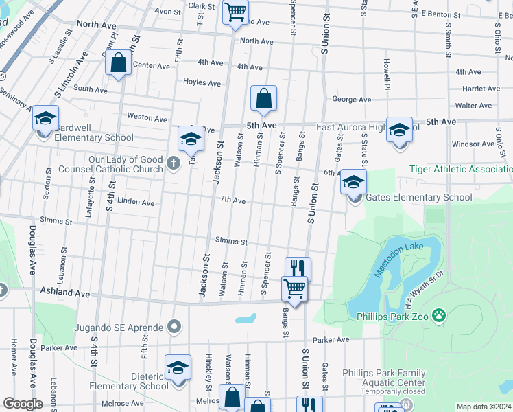 map of restaurants, bars, coffee shops, grocery stores, and more near 581 7th Avenue in Aurora