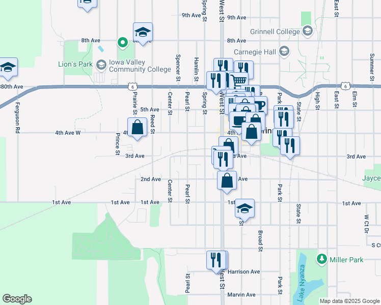 map of restaurants, bars, coffee shops, grocery stores, and more near 501 3rd Avenue in Grinnell