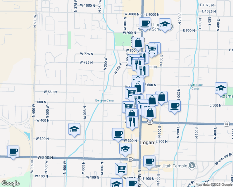 map of restaurants, bars, coffee shops, grocery stores, and more near 554 1/2 North 200 West in Logan