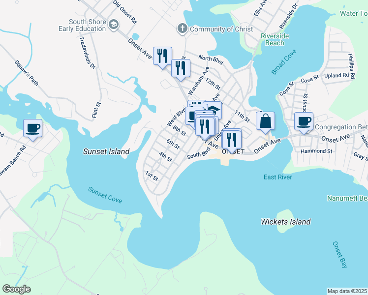 map of restaurants, bars, coffee shops, grocery stores, and more near 26 West Central Avenue in Wareham