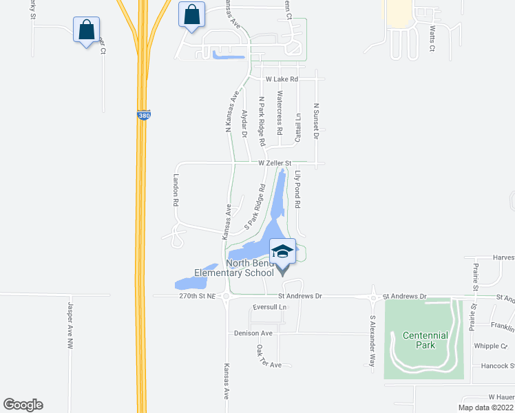 map of restaurants, bars, coffee shops, grocery stores, and more near 175 South Park Ridge Road in North Liberty