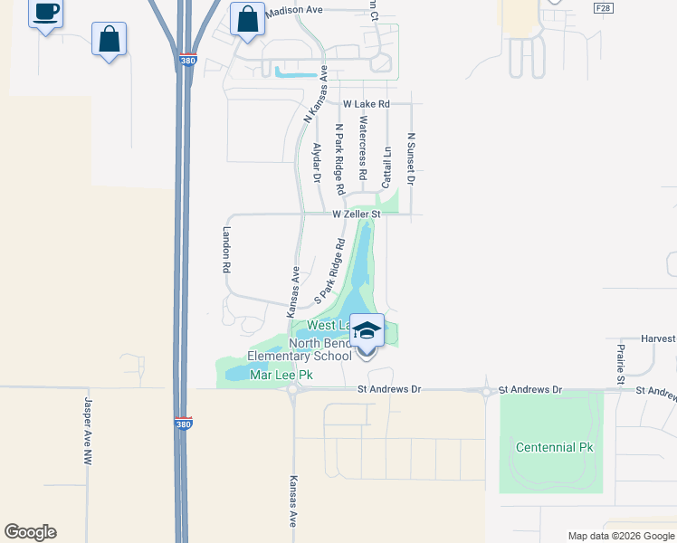 map of restaurants, bars, coffee shops, grocery stores, and more near 152 South Park Ridge Road in North Liberty