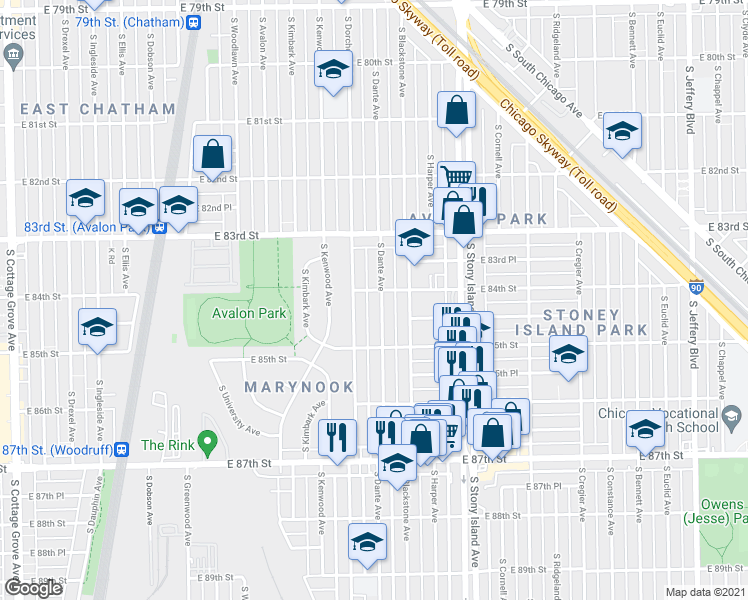 map of restaurants, bars, coffee shops, grocery stores, and more near 8406 South Dante Avenue in Chicago