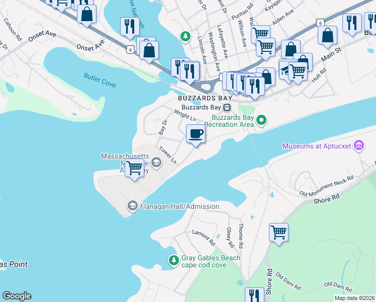 map of restaurants, bars, coffee shops, grocery stores, and more near 57 Academy Drive in Bourne