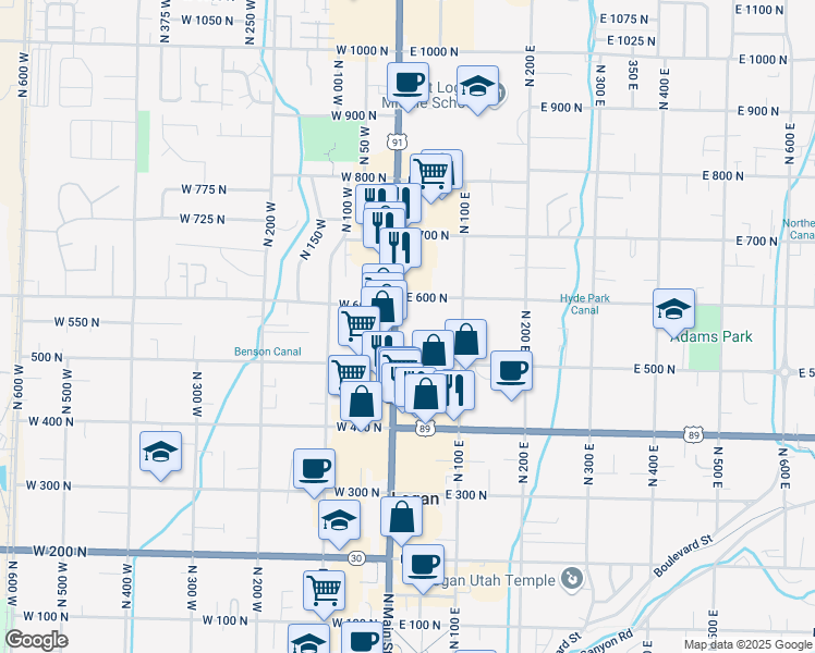 map of restaurants, bars, coffee shops, grocery stores, and more near 550 Main Street in Logan
