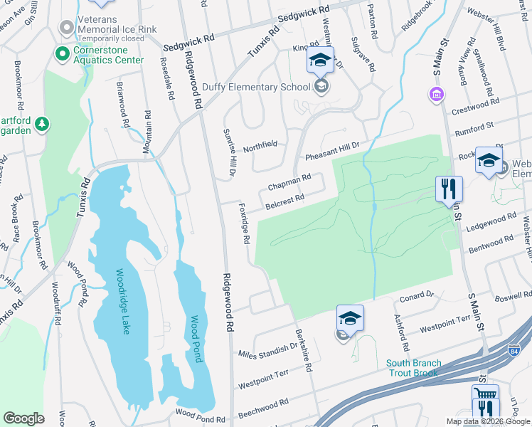 map of restaurants, bars, coffee shops, grocery stores, and more near 19 Belcrest Road in West Hartford
