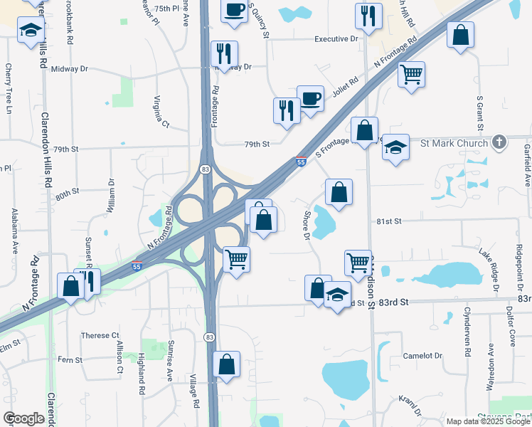 map of restaurants, bars, coffee shops, grocery stores, and more near 231 S Frontage Rd in Burr Ridge
