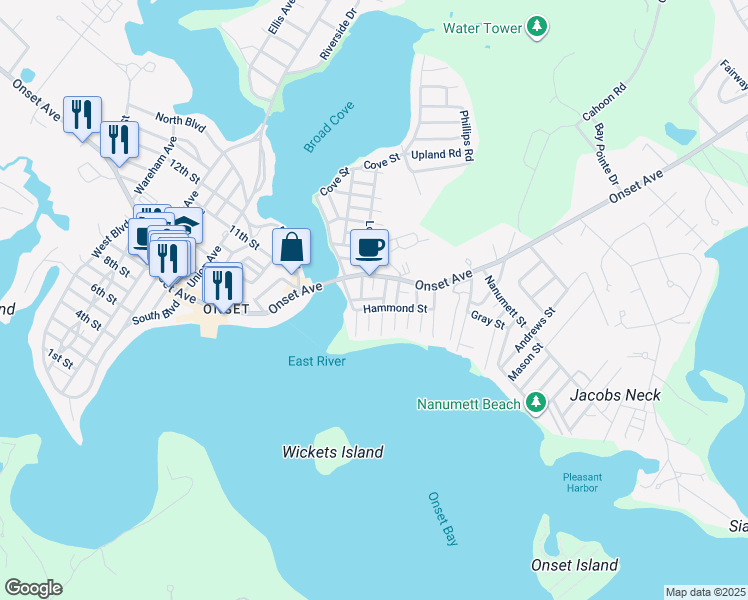 map of restaurants, bars, coffee shops, grocery stores, and more near 11 Myrtle Street in Wareham