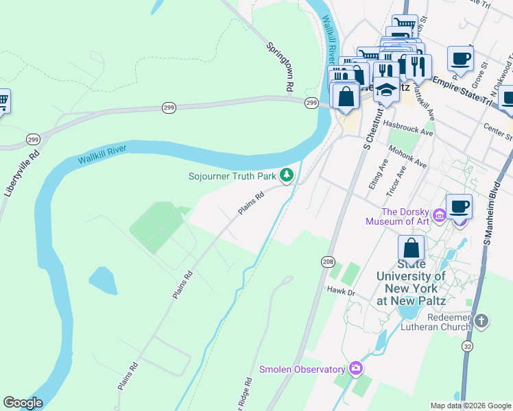 map of restaurants, bars, coffee shops, grocery stores, and more near 64 Plains Road in New Paltz