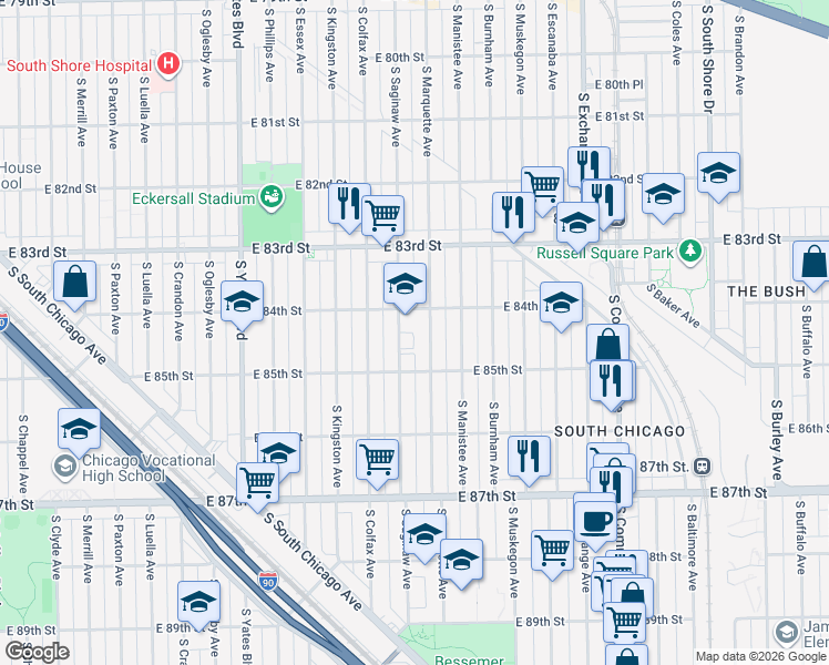 map of restaurants, bars, coffee shops, grocery stores, and more near 8400 South Marquette Avenue in Chicago