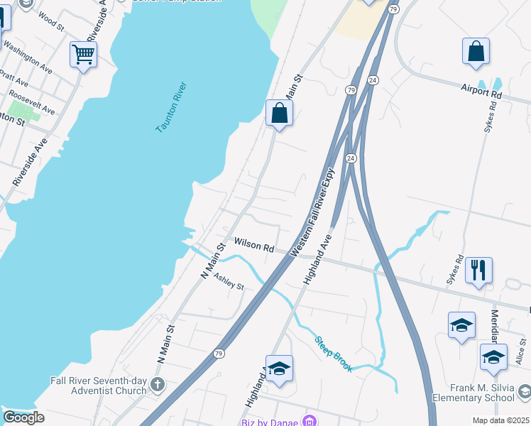 map of restaurants, bars, coffee shops, grocery stores, and more near 55 Dewey Street in Fall River