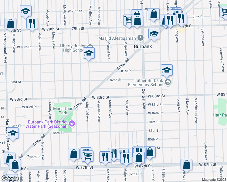 map of restaurants, bars, coffee shops, grocery stores, and more near 5757 West 82nd Place in Burbank
