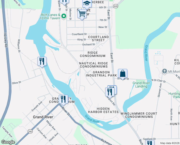 map of restaurants, bars, coffee shops, grocery stores, and more near 202 Nautical Way in Fairport Harbor