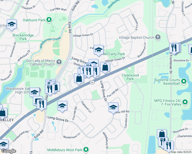 map of restaurants, bars, coffee shops, grocery stores, and more near 2998 Ogden Avenue in Aurora