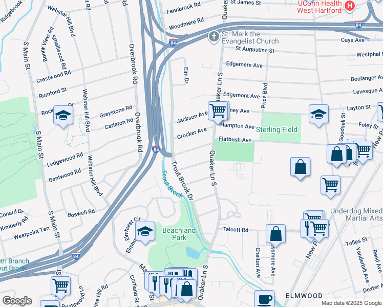 map of restaurants, bars, coffee shops, grocery stores, and more near 41 Clarendon Avenue in West Hartford